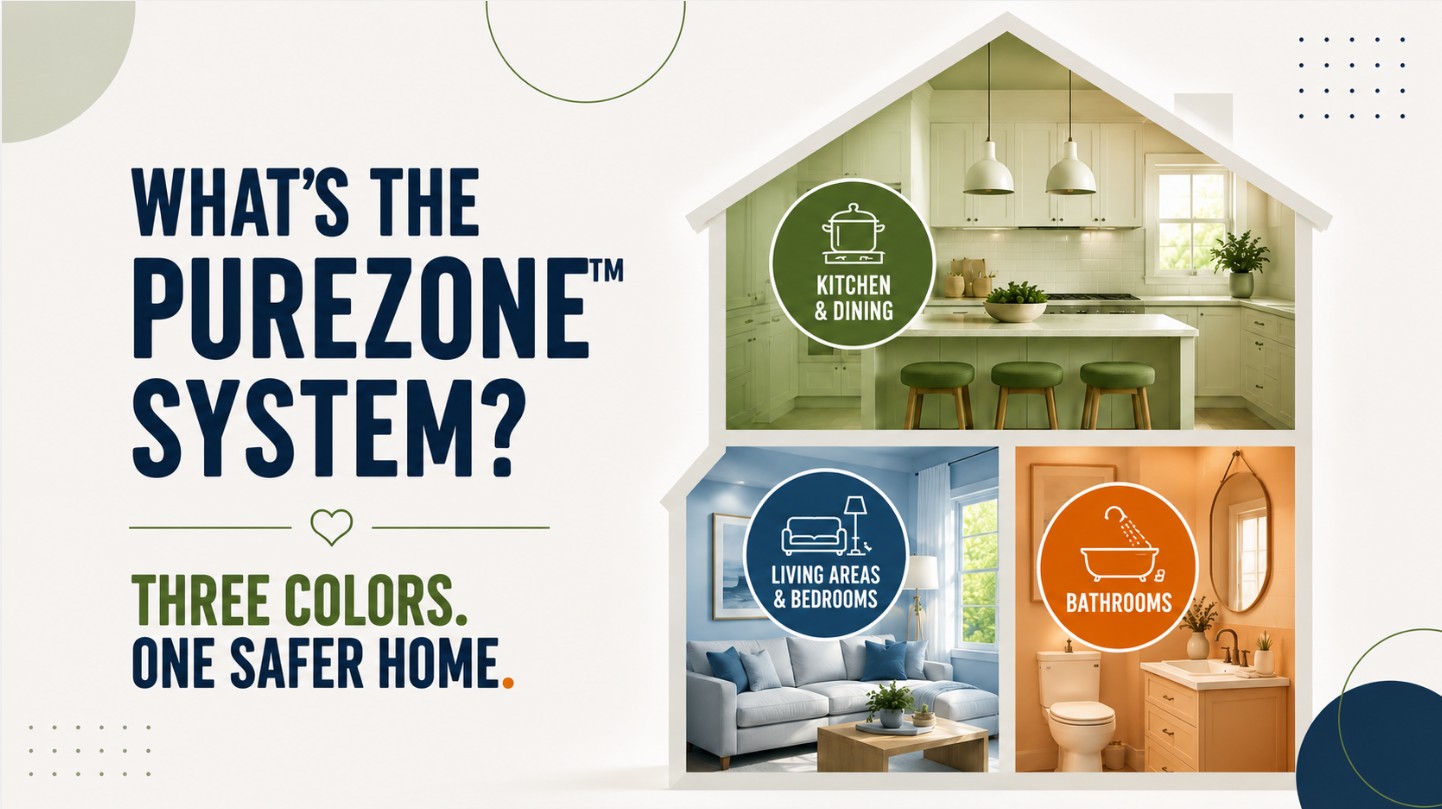 PureZone Triple Color System | Safer Home Cleaning Method | Cleaning & Caring PureZoneâ„¢ Triple Color System showing dedicated cleaning zones for kitchens and dining areas, living areas and bedrooms, and bathrooms to help reduce cross-contamination and create a safer home.